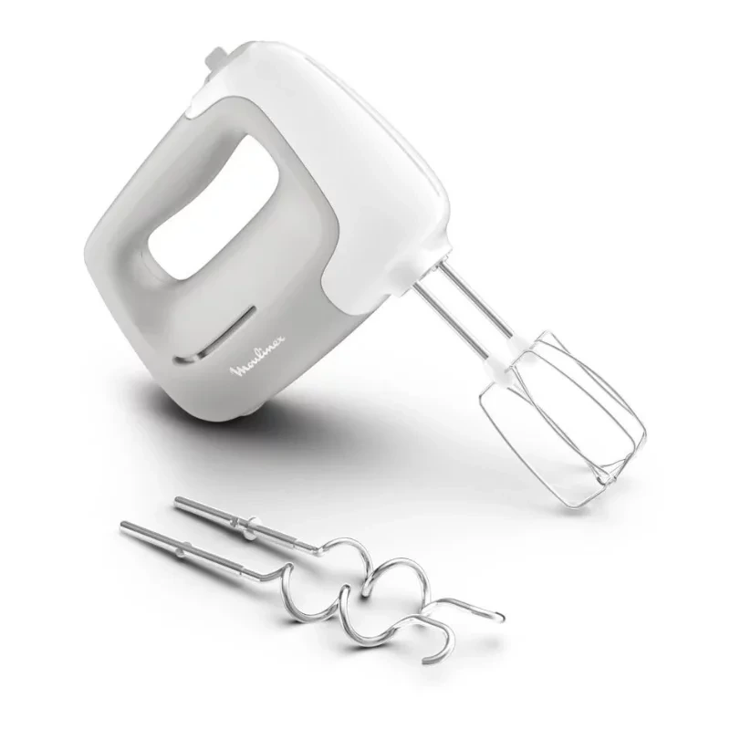 Batteur électrique Moulinex blanc et gris avec fouets et crochets pétrisseurs