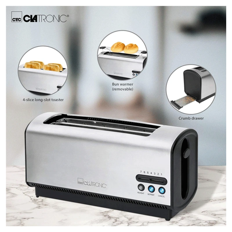 Fonctions du grille-pain Clatronic TA 3687 avec longue fente, support et ramasse-miettes