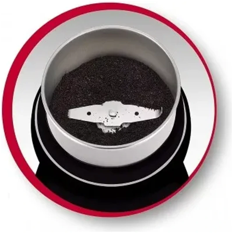 Bol du moulin Moulinex contenant du café moulu et lame en inox
