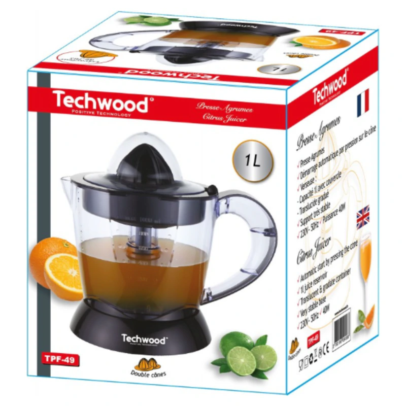 Boîte du presse-agrumes Techwood TPF-49 avec pichet de 1 litre
