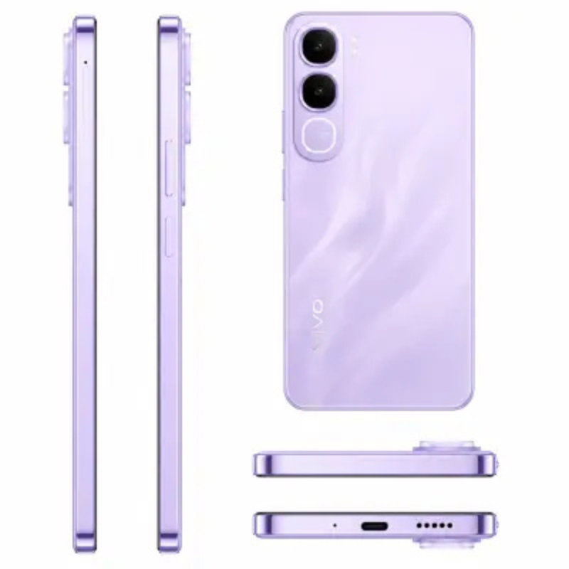Vivo Y31 5G Purple présenté de dos, de côté, du dessus et du dessous