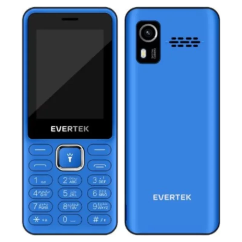 Téléphone portable Evertek bleu à touches vu de face et de dos