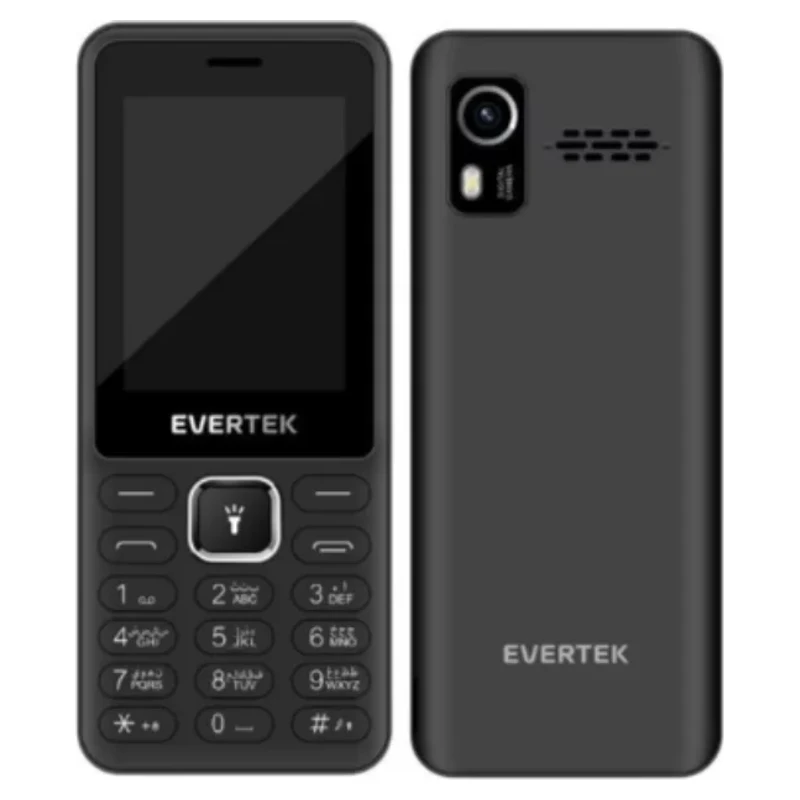 Téléphone portable Evertek noir à touches vu de face et de dos