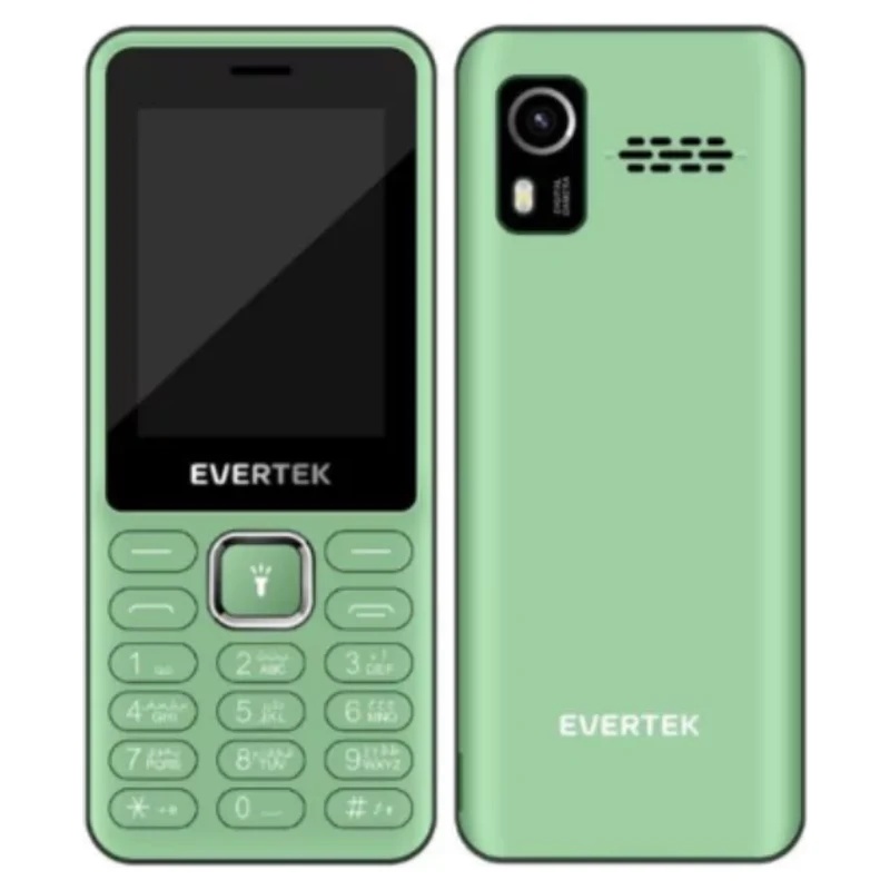 Téléphone portable Evertek vert à touches vu de face et de dos