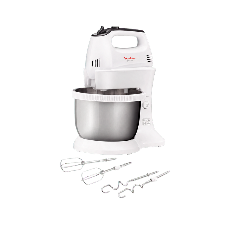 Batteur Moulinex HM3121B1 de 300 W avec bol inox de 3,5 litres, fouets et crochets pétrisseurs