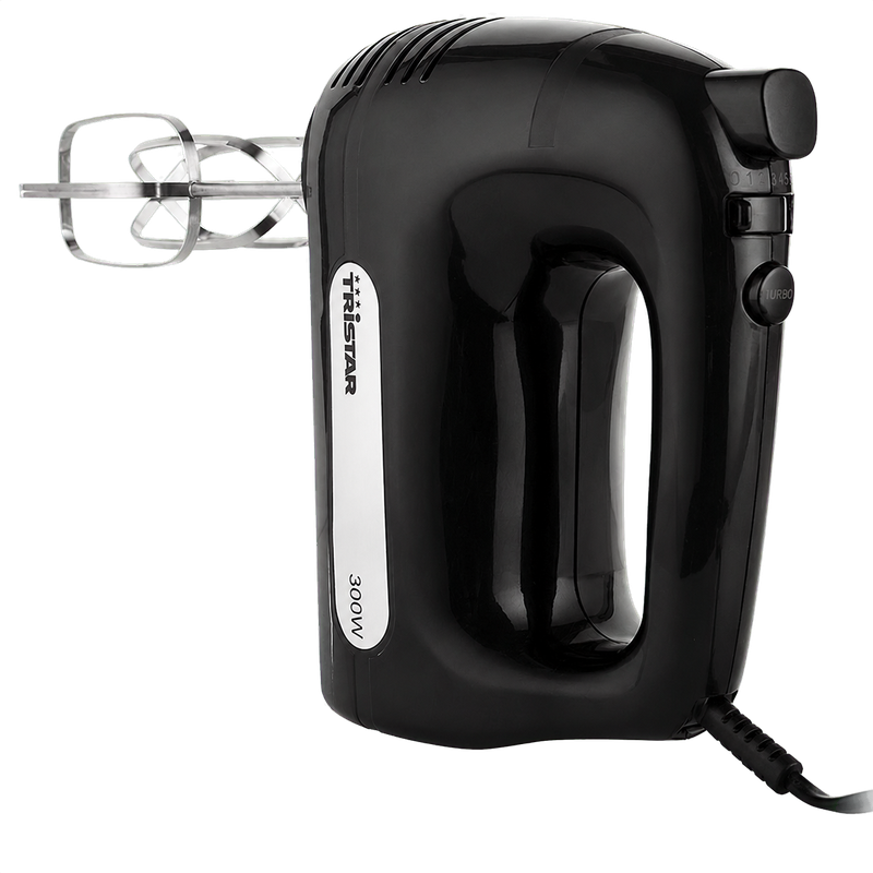 Vue latérale du batteur électrique TRISTAR MX-4201 noir avec fouets et cordon