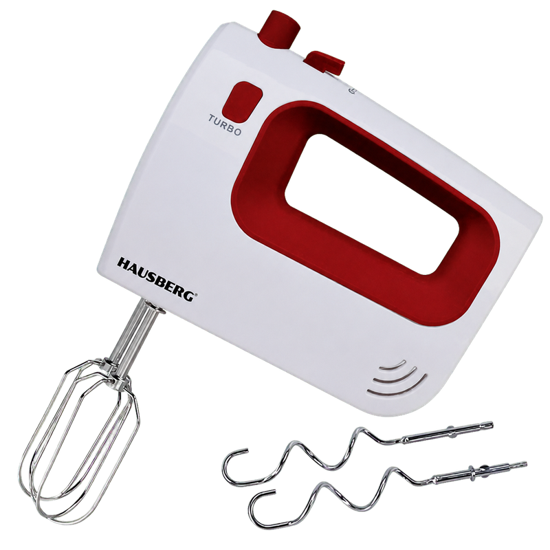 Batteur à main Hausberg HB-4120RS/GR gris et rouge de 300 W avec fouet et crochets pétrisseurs