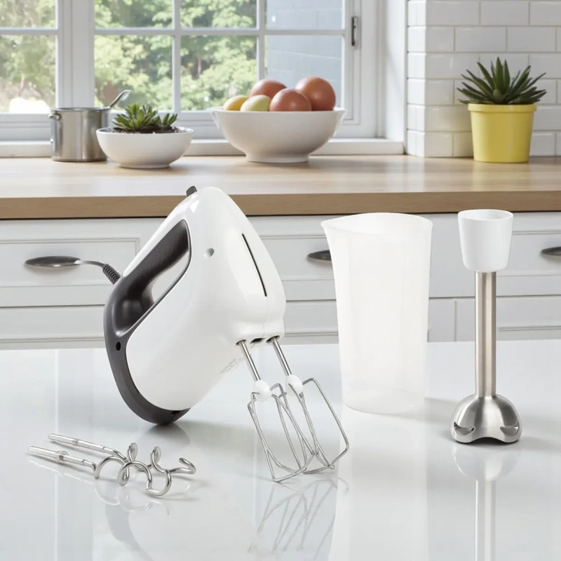 Batteur Moulinex Prep’Mix avec accessoires sur un plan de travail
