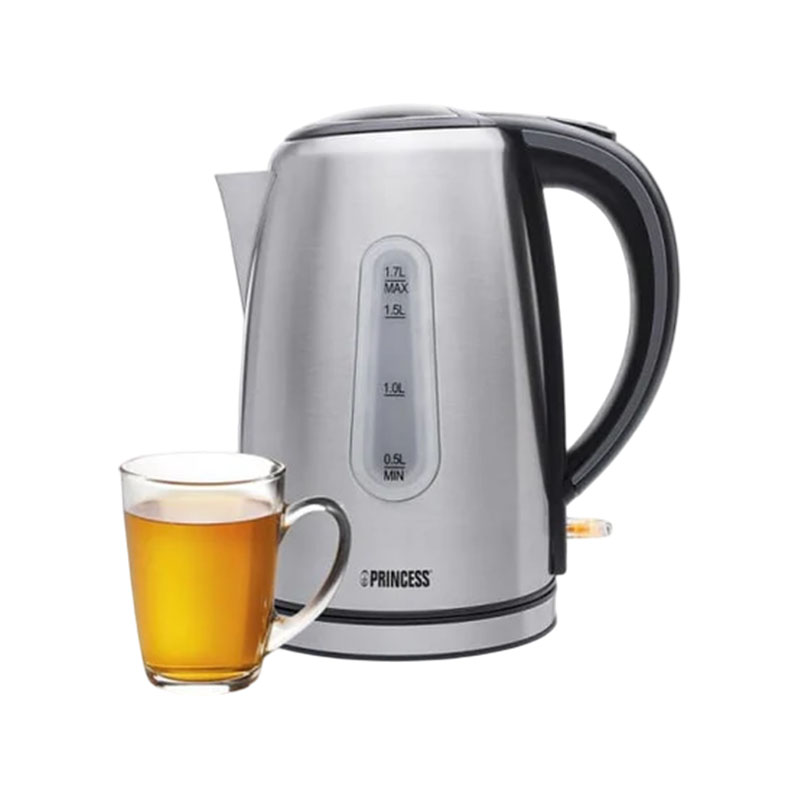 Bouilloire Princess 236016 en inox accompagnée d’une tasse de thé