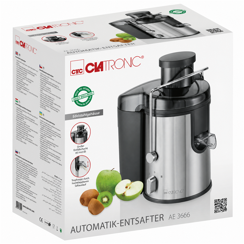 Boîte de la centrifugeuse Clatronic AE 3666 avec présentation du produit