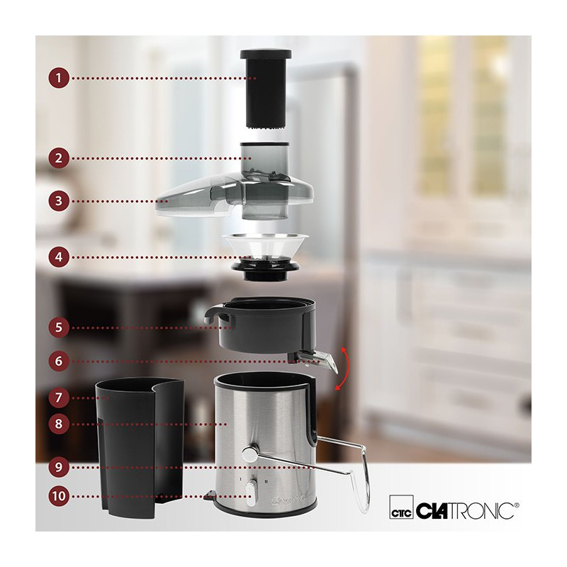 Vue éclatée des composants de la centrifugeuse Clatronic AE 3666