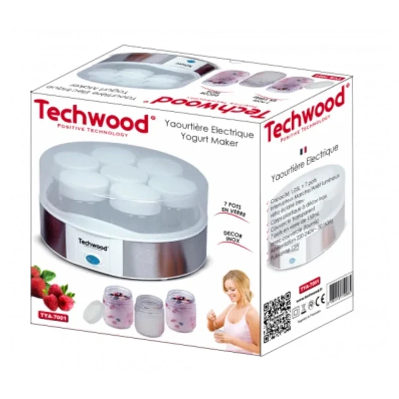 Boîte de la yaourtière Techwood TYA-7001 avec 7 pots en verre